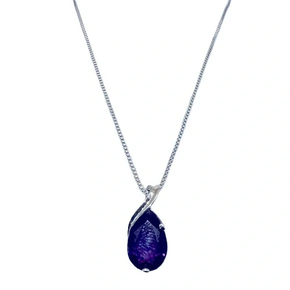NEW Purple Teardrop Glass Gemstone Silver Chain Necklace Pendant - Picture 2 of 8